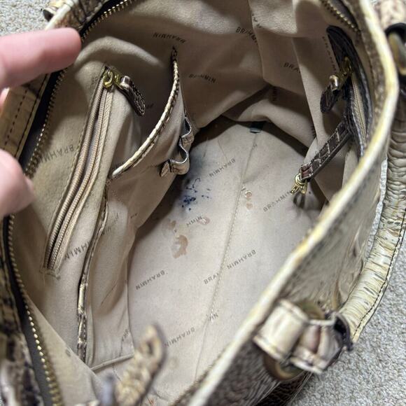 Brahmin Embossed Alligator Brown & Cream w/ Gold Tone Hardware Satchel Crossbody - Picture 7 of 10